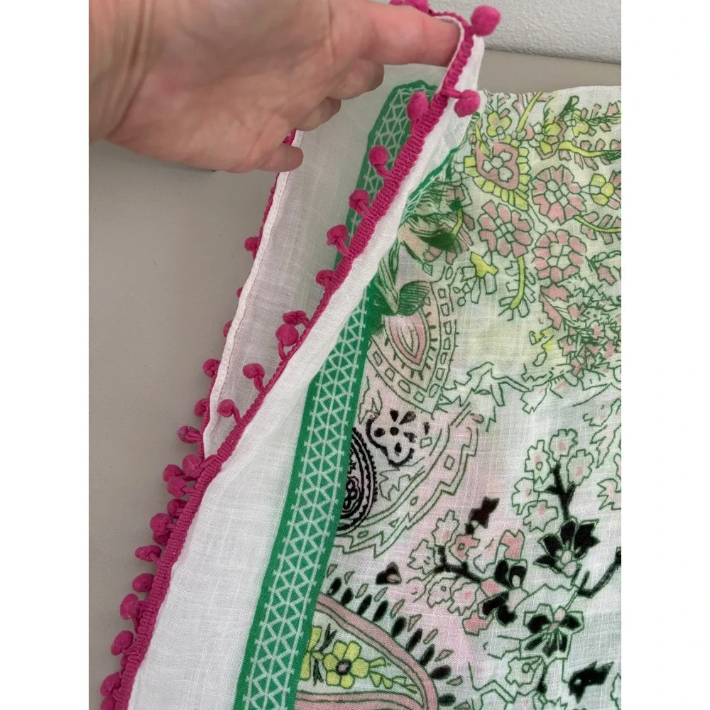 Shiraleah Chicago Paisley Palm Print Pink Green Pom Pom Trim Viscose Swim Cover